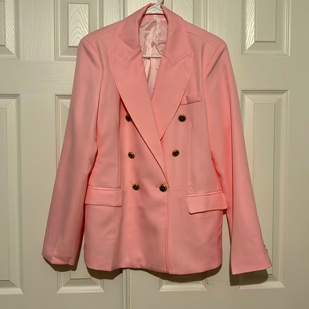 Elegant Flamingo Pink Blazer Double Breasted Polyester with pockets